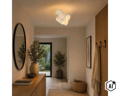 Moderne plafondlamp met een golvende lampenkap in een stijlvol ingerichte hal met houten lamellen en een spiegel. (Image AI modified or generated)