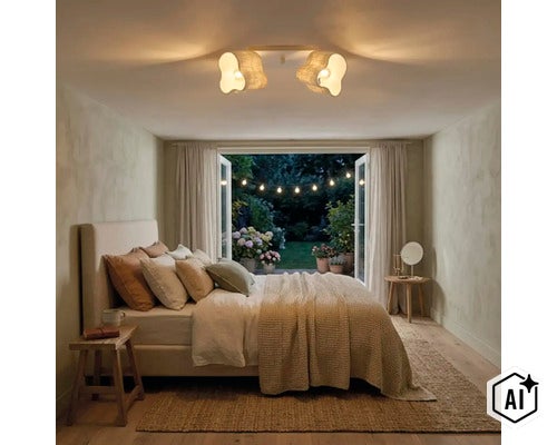 Gezellige slaapkamer met moderne plafondlamp met twee golvende lampenkappen, zicht op een verlicht terras in de schemering. (Image AI modified or generated)