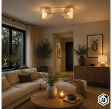 Woonkamer met moderne plafondlamp met twee golvende kappen, beige meubels, ronde houten tafel en decoratie in een sfeervolle verlichting. (Image AI modified or generated)