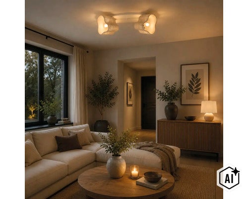 Woonkamer met moderne plafondlamp met twee golvende kappen, beige meubels, ronde houten tafel en decoratie in een sfeervolle verlichting. (Image AI modified or generated)