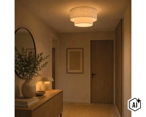 Getrapte stoffen plafondlamp in de gang met warm licht voor een huiselijke sfeer. (Image AI modified or generated)