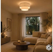 Woonkamer met moderne textiel plafondlamp met twee lagen voor een gezellige sfeer. (Image AI modified or generated)