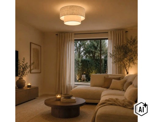 Woonkamer met moderne textiel plafondlamp met twee lagen voor een gezellige sfeer. (Image AI modified or generated)