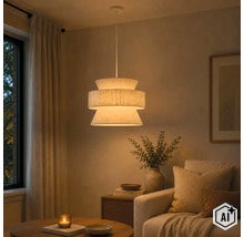 Moderne hanglamp met drielaagse stoffen kap boven een gezellige woonkamer met bank en bijzettafel. (Image AI modified or generated)
