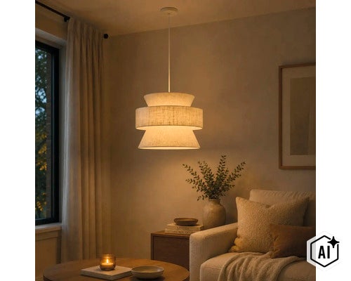 Moderne hanglamp met drielaagse stoffen kap boven een gezellige woonkamer met bank en bijzettafel. (Image AI modified or generated)