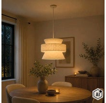 Moderne hanglamp met gestructureerde stoffen kap boven een ronde eettafel in een gezellige eetkamer. (Image AI modified or generated)