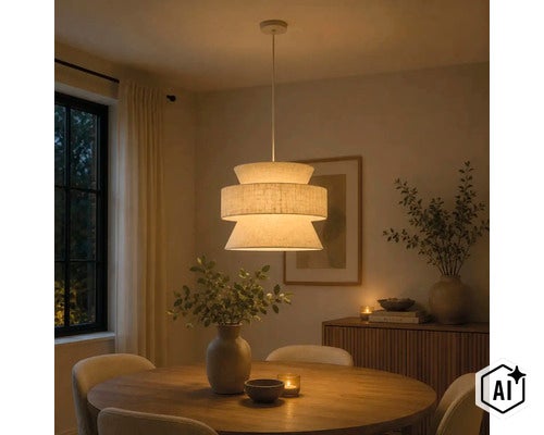 Moderne hanglamp met gestructureerde stoffen kap boven een ronde eettafel in een gezellige eetkamer. (Image AI modified or generated)