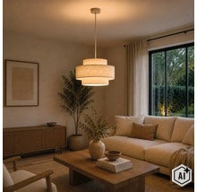 Woonkamer met moderne drielaagse stoffen hanglamp, lichte bank, houten tafel, dressoir en kamerplant in een sfeervolle inrichting. (Image AI modified or generated)