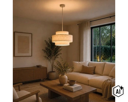 Woonkamer met moderne drielaagse stoffen hanglamp, lichte bank, houten tafel, dressoir en kamerplant in een sfeervolle inrichting. (Image AI modified or generated)