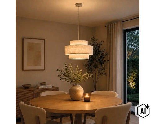 Moderne hanglamp met getrapte stoffen kap boven een ronde eettafel in een sfeervol verlichte woonkamer. (Image AI modified or generated)