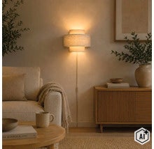 Moderne wandlamp met stoffen kap in een gezellige woonkamer met bank en dressoir. (Image AI modified or generated)