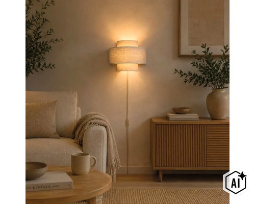 Moderne wandlamp met stoffen kap in een gezellige woonkamer met bank en dressoir. (Image AI modified or generated)