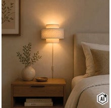Moderne wandlamp met stoffen kap in een gezellige slaapkamer naast een nachtkastje met decoratie. (Image AI modified or generated)