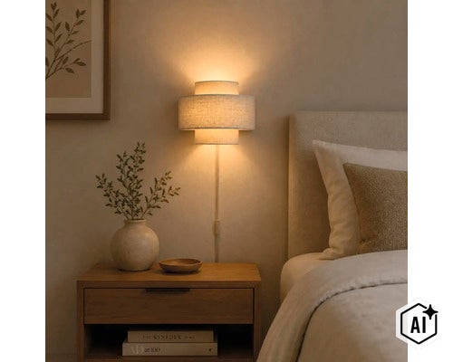 Moderne wandlamp met stoffen kap in een gezellige slaapkamer naast een nachtkastje met decoratie. (Image AI modified or generated)