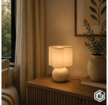 Tafellamp met golvende stoffen kap op een ronde voet op een houten dressoir in een gezellig ingerichte woonkamer. (Image AI modified or generated)