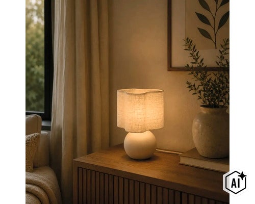 Tafellamp met golvende stoffen kap op een ronde voet op een houten dressoir in een gezellig ingerichte woonkamer. (Image AI modified or generated)