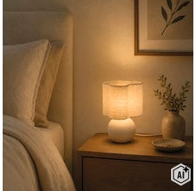 Een tafellamp met een ronde voet en een gestructureerde, golvende stoffen kap op een nachtkastje in een slaapkamer met warme verlichting. (Image AI modified or generated)