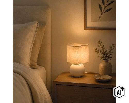 Een tafellamp met een ronde voet en een gestructureerde, golvende stoffen kap op een nachtkastje in een slaapkamer met warme verlichting. (Image AI modified or generated)