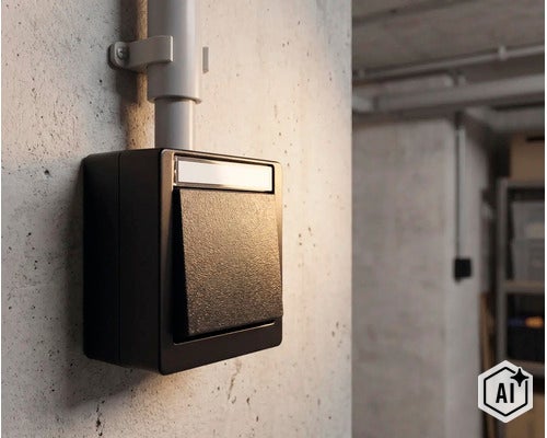 Opbouw lichtschakelaar voor vochtige ruimtes gemonteerd op een betonnen muur. (Image AI modified or generated)