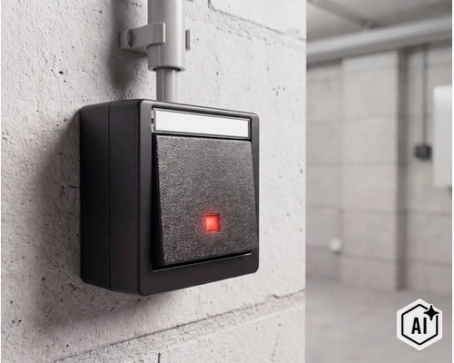 Vochtbestendige wipschakelaar met controlelampje voor opbouwmontage op een muur. (Image AI modified or generated)