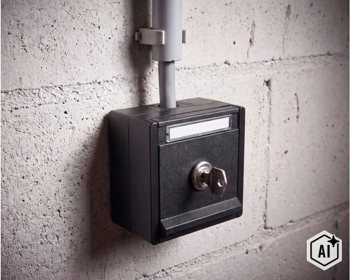 Opbouw sleutelschakelaar voor buiten gemonteerd op een betonnen muur met toevoerkabel. (Image AI modified or generated)