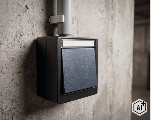 Opbouw lichtschakelaar in een robuuste behuizing gemonteerd op een betonnen muur met kabelgeleiding. (Image AI modified or generated)