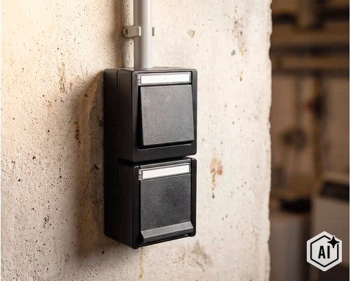 Dubbele opbouwschakelaar in een robuuste behuizing voor installatie in vochtige ruimtes op een ruwe betonnen muur. (Image AI modified or generated)