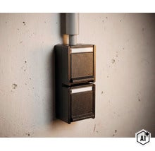 Dubbele schakelaar voor vochtige ruimtes voor opbouwmontage met klapdeksel op een betonnen muur. (Image AI modified or generated)