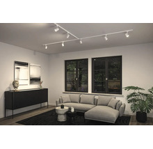 Modern woonkamerinterieur met wit railsysteem aan het plafond, grijze hoekbank, zwart dressoir, twee ramen en een kamerplant.