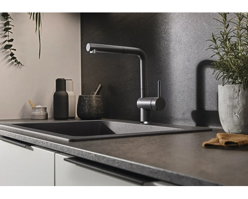 Moderne keukenkraan met uittrekbare sproeier bij een donkere spoelbak in een stijlvolle keuken met donkere achterwand.