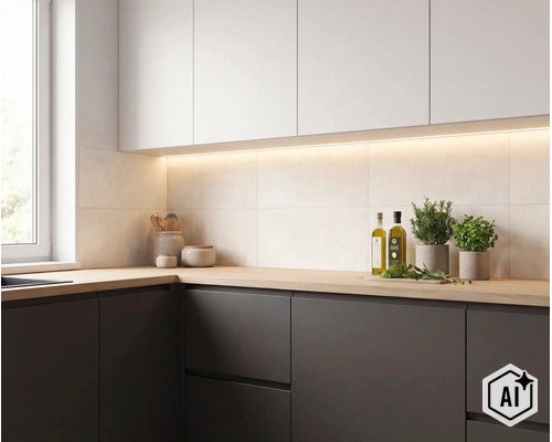 Moderne keuken met lichte bovenkasten, donkere onderkasten, een houten werkblad en discrete led verlichting onder de kastjes. (Image AI modified or generated)