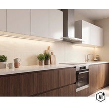 Moderne inbouwkeuken met witte bovenkastjes, donkere houten fronten, geribbelde wandtegels en geïntegreerde verlichting. (Image AI modified or generated)
