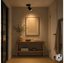 Moderne plafondlamp in hal met houten consoletafel en wanddecoratie, warme verlichting voor sfeervol accent. (Image AI modified or generated)