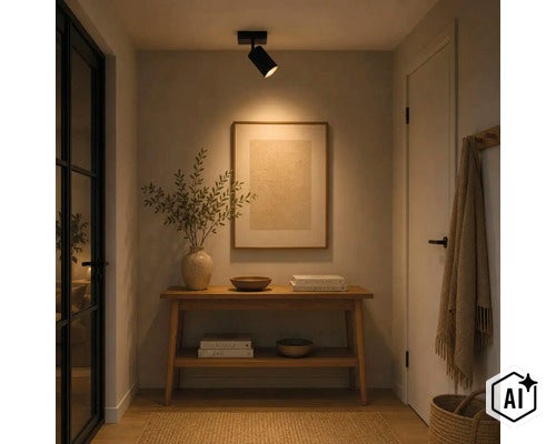 Moderne plafondlamp in hal met houten consoletafel en wanddecoratie, warme verlichting voor sfeervol accent. (Image AI modified or generated)
