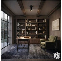 Inrichting van een stijlvolle werkkamer met houten bureau, diepe fauteuil, grote boekenplank en plafondspot in een sfeervolle setting. (Image AI modified or generated)