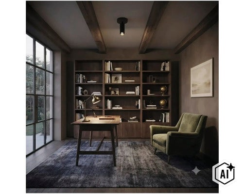 Inrichting van een stijlvolle werkkamer met houten bureau, diepe fauteuil, grote boekenplank en plafondspot in een sfeervolle setting. (Image AI modified or generated)