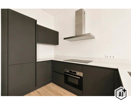Moderne L-vormige inbouwkeuken met donkere fronten, wit werkblad, inductiekookplaat, ingebouwde oven en afzuigkap. (Image AI modified or generated)
