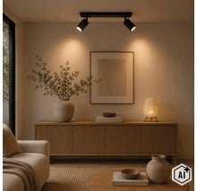 Moderne plafondlamp met twee spots verlicht stijlvol een woonkamer met dressoir en decoratieve objecten in een warme woonomgeving. (Image AI modified or generated)