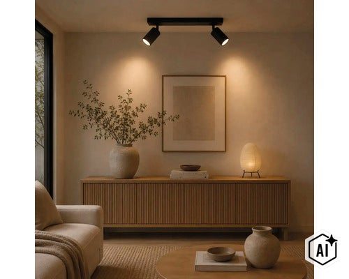 Moderne plafondlamp met twee spots verlicht stijlvol een woonkamer met dressoir en decoratieve objecten in een warme woonomgeving. (Image AI modified or generated)