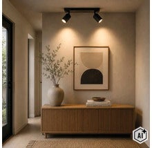 Moderne plafondlamp met twee spots boven een houten dressoir in een minimalistische hal met abstracte muurkunst. (Image AI modified or generated)