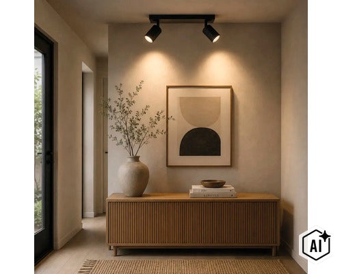 Moderne plafondlamp met twee spots boven een houten dressoir in een minimalistische hal met abstracte muurkunst. (Image AI modified or generated)