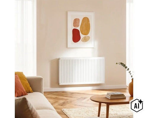 Een witte paneelradiator gemonteerd aan een lichte woonkamermuur boven een visgraatparketvloer met bank en salontafel. (Image AI modified or generated)
