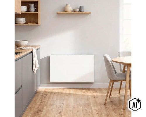 Platte radiator met gladde voorzijde gemonteerd aan een muur in een moderne keuken met eethoek en houten vloer. (Image AI modified or generated)