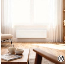 Platte wandradiator in een moderne woonkamer gemonteerd voor een licht raam (Image AI modified or generated)