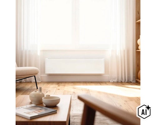 Platte wandradiator in een moderne woonkamer gemonteerd voor een licht raam (Image AI modified or generated)