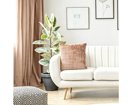 Structuurkussen op een moderne witte bank in een lichte woonkamer met kamerplant en gordijnen