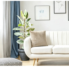 Lichte woonkamer met een moderne bank, een gestructureerd kussen, een kamerplant en wanddecoratie voor een gezellige sfeer.