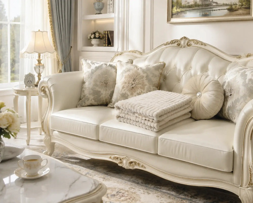 Klassieke bank in barokstijl met gebogen houten frame en gecapitonneerde bekleding in een elegant ingerichte woonkamer met sierkussens.