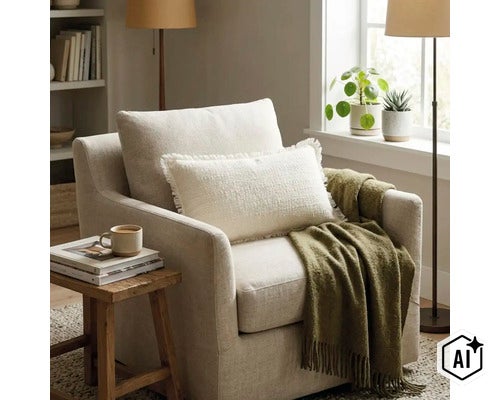 Een comfortabele fauteuil met een gestructureerd kussen met franjes en een zachte deken in een lichte woonkamer met een bijzettafel. (Image AI modified or generated)