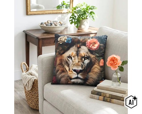 Sierkussen met leeuwenmotief en bloemen op een bank in een gezellig ingerichte woonkamer. (Image AI modified or generated)